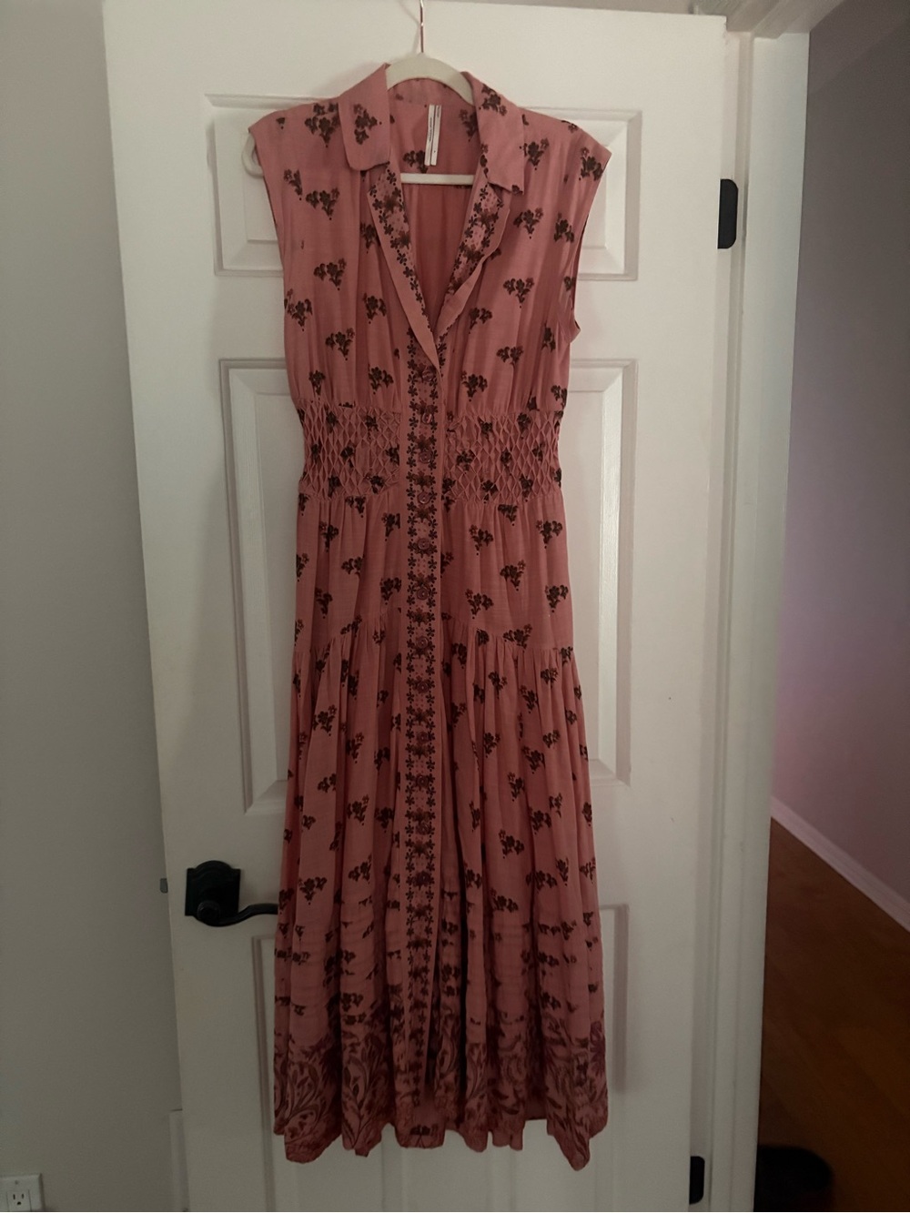 Anthropologie. Sleeveless Pink Floral Button-Front Maxi Dress - Picture 1 of 2